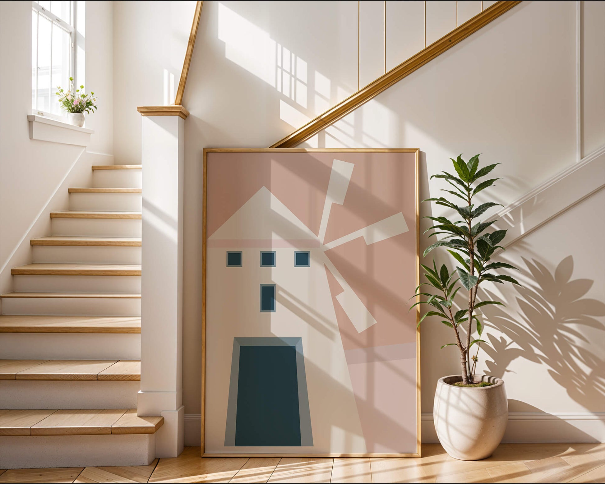 Minimalist geometric house illustration on pastel background