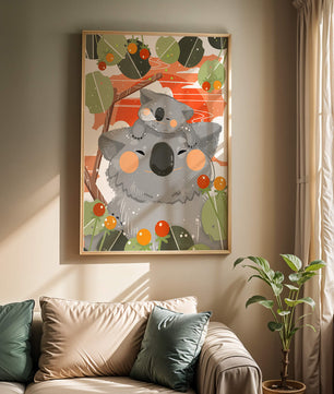 Koalas dans un cadre naturel vibrant aux tons orange et verts