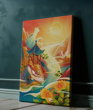 Mystical landscape with cranes and serene mountains