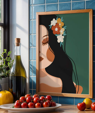 Elegante Illustration einer Frau mit floralem Haarteil