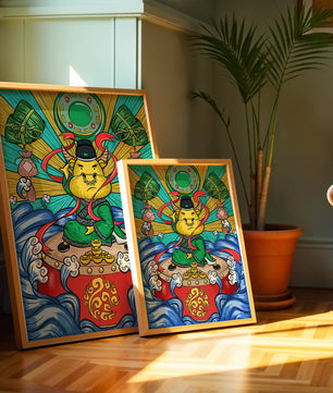 Colorful illustration of a mythical creature with traditional elements and vibrant colors