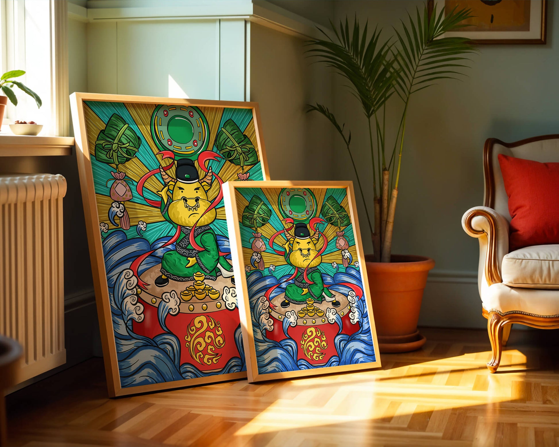 Colorful illustration of a mythical creature with traditional elements and vibrant colors
