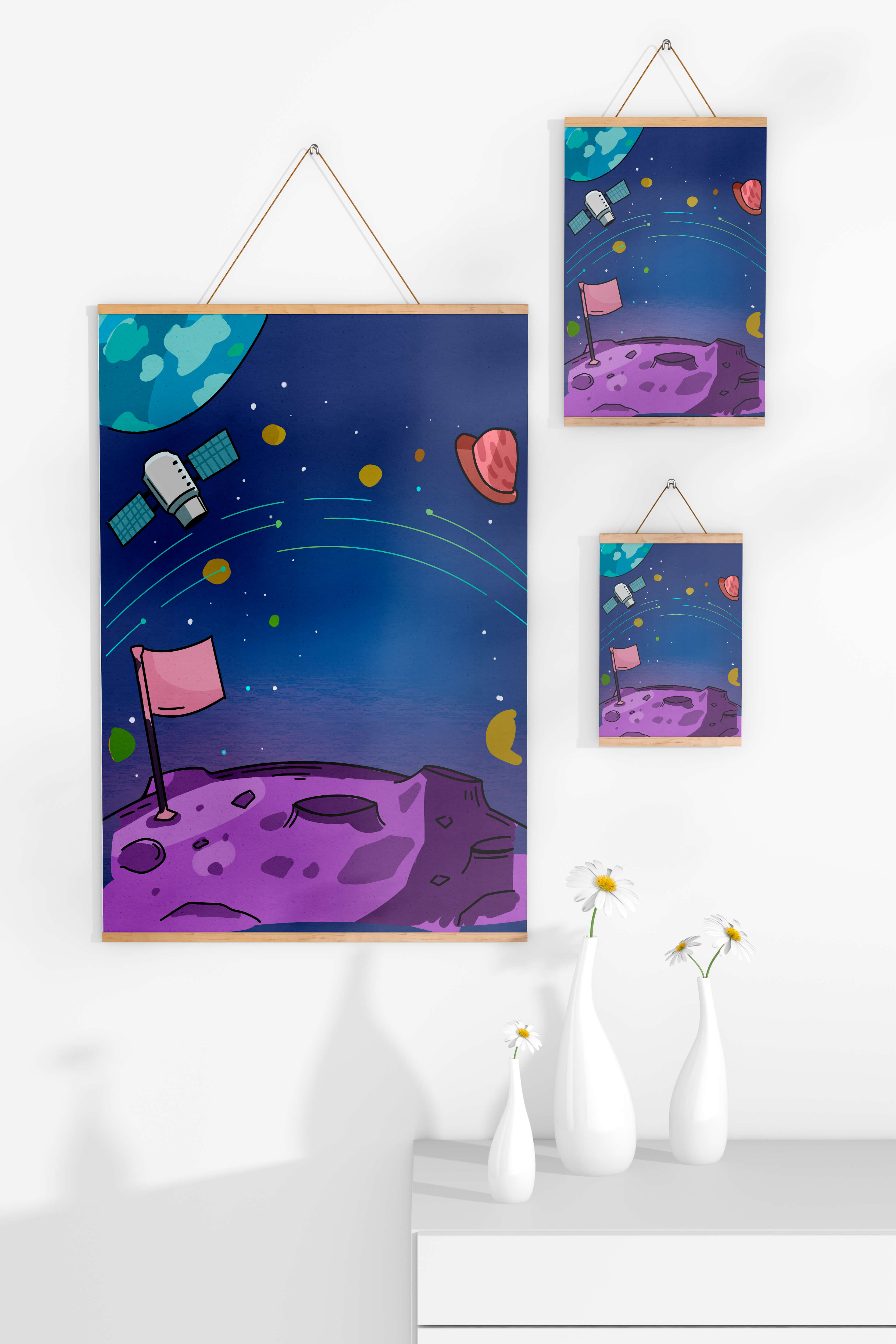Illustration of outer space scene with planets and satellite