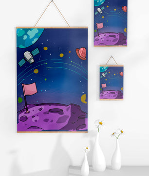 Illustration of outer space scene with planets and satellite