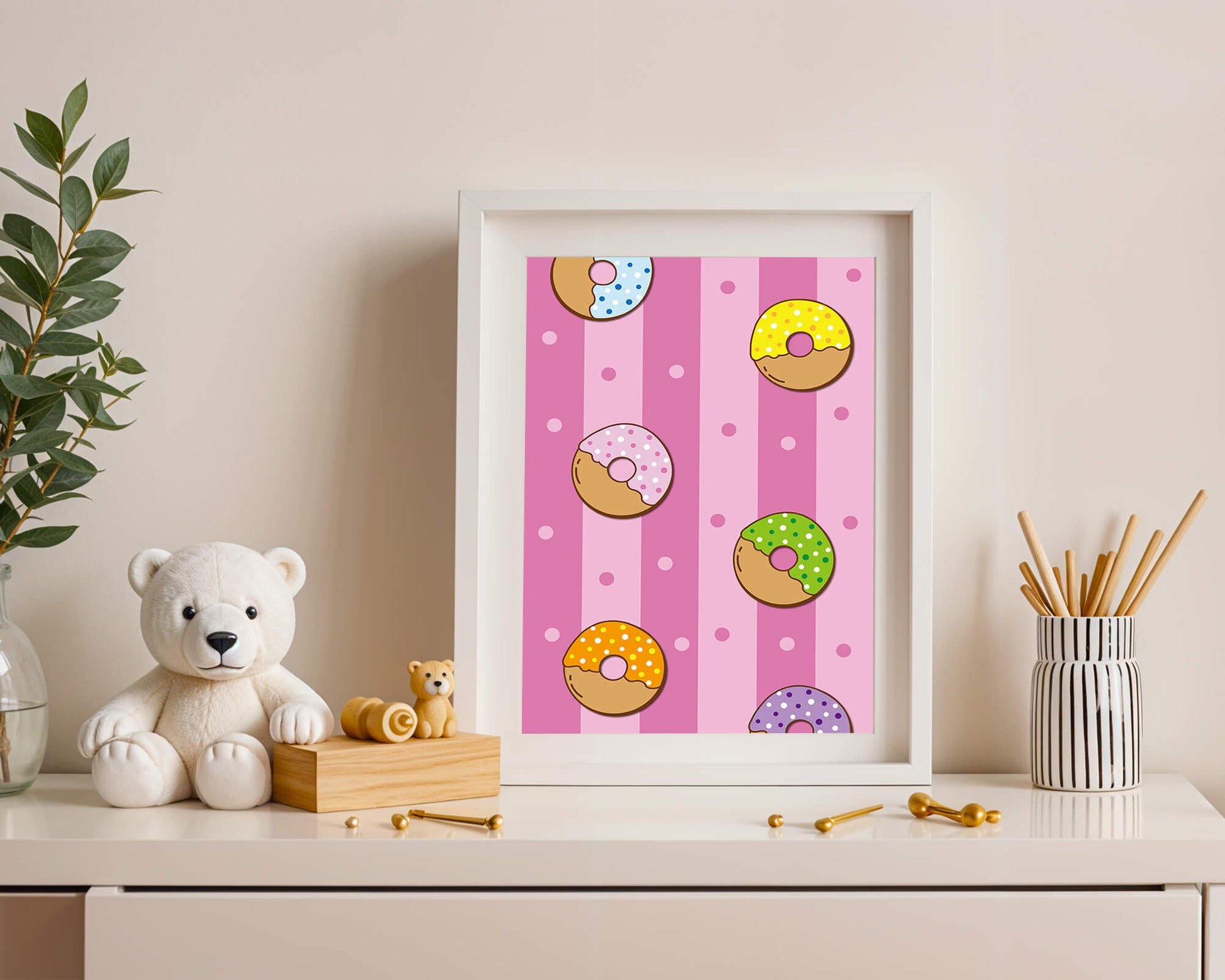 Colorful donut pattern on pink striped background