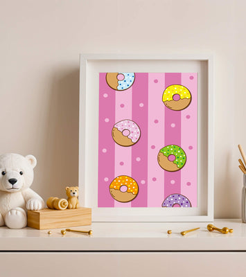 Colorful donut pattern on pink striped background