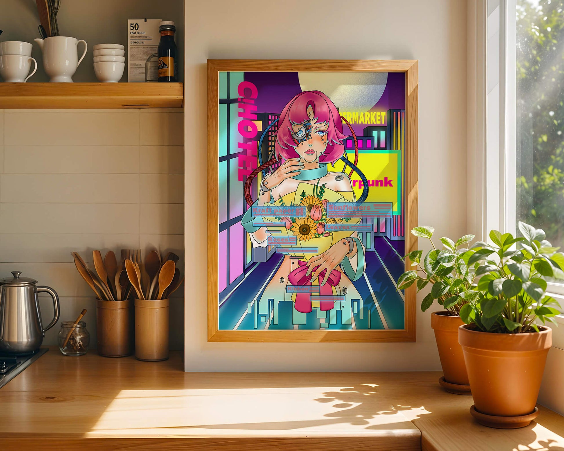 Futuristic cyberpunk woman with a bouquet of flowers in a neon cityscape
