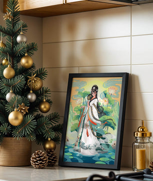 Femme élégante en tenue traditionnelle avec des fleurs de lotus et un décor serein