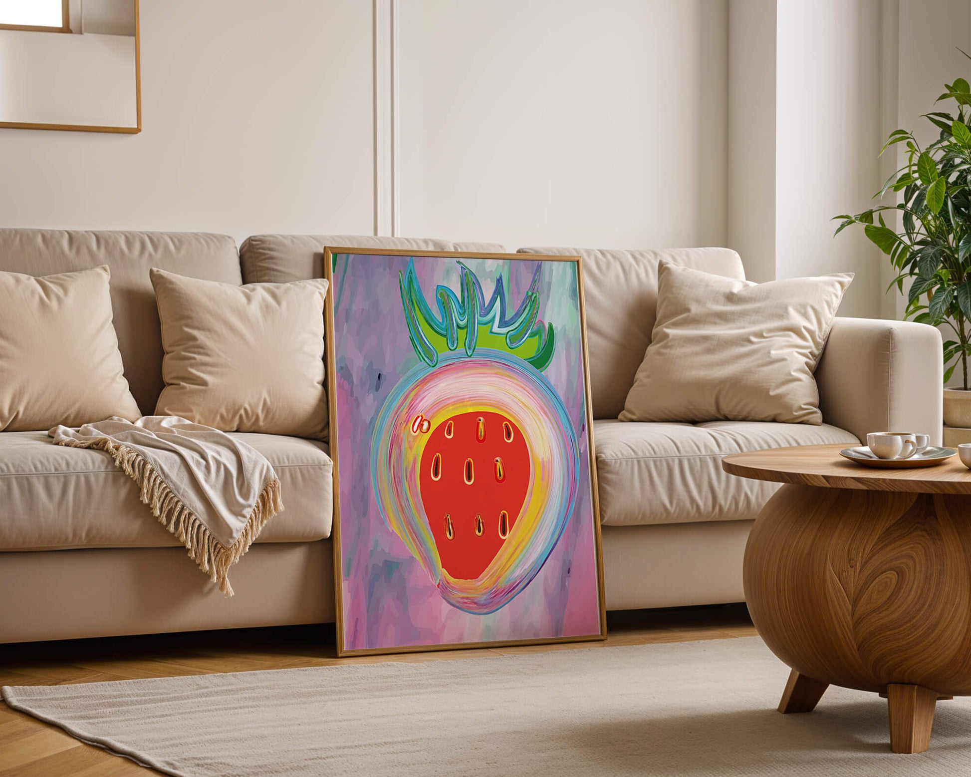 Colorful abstract strawberry with vibrant brush strokes