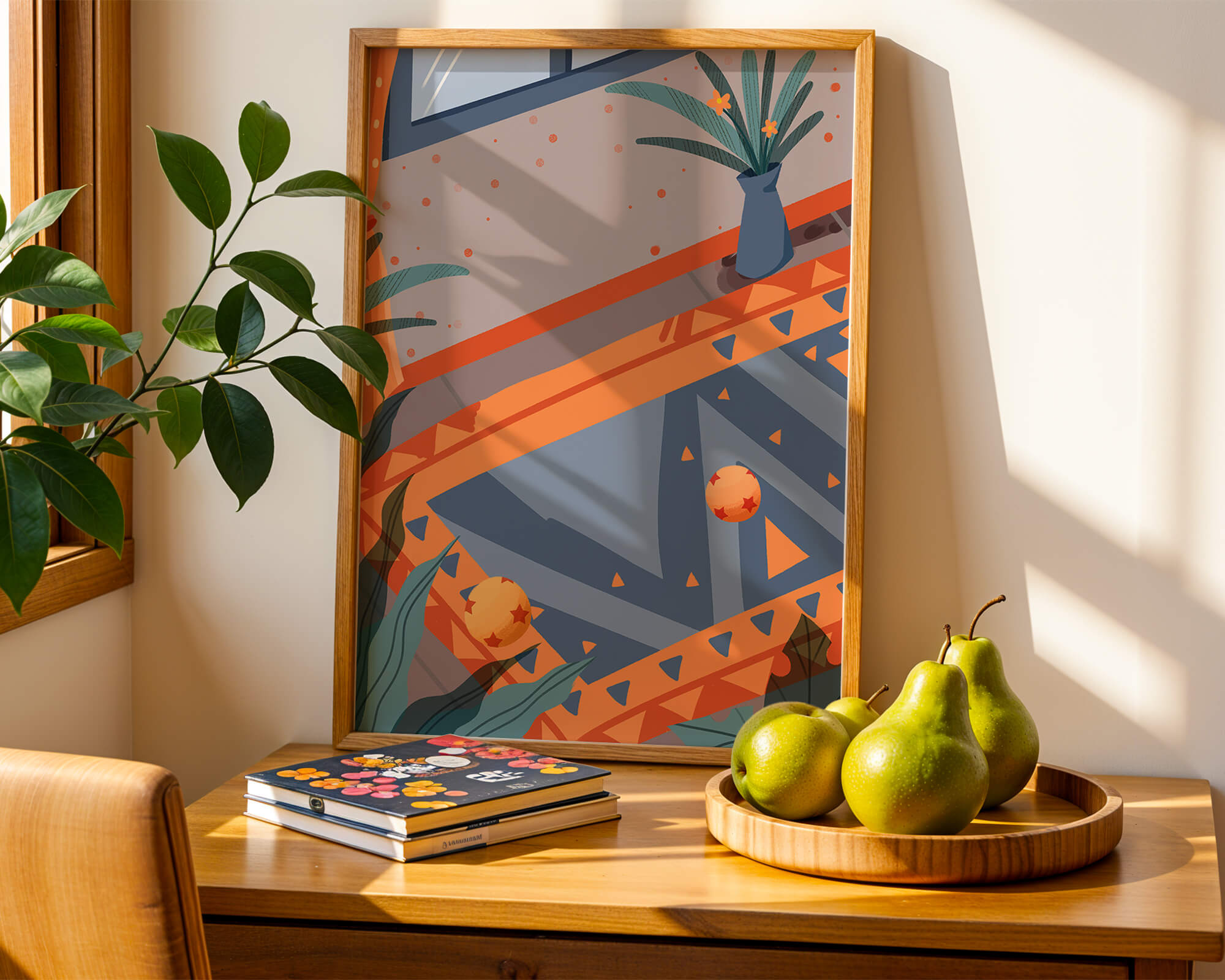Modern interior with geometric patterns and vibrant colors