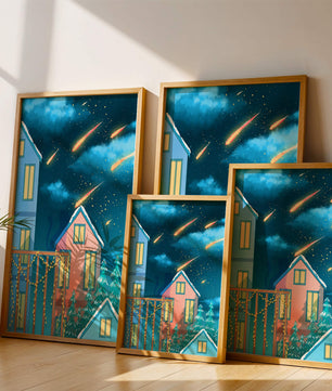 Winter Night Scene with Falling Meteors and Snow-Covered Houses