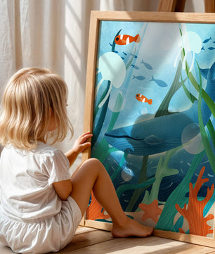 Underwater scene with whale, fish, and sea plants illustration