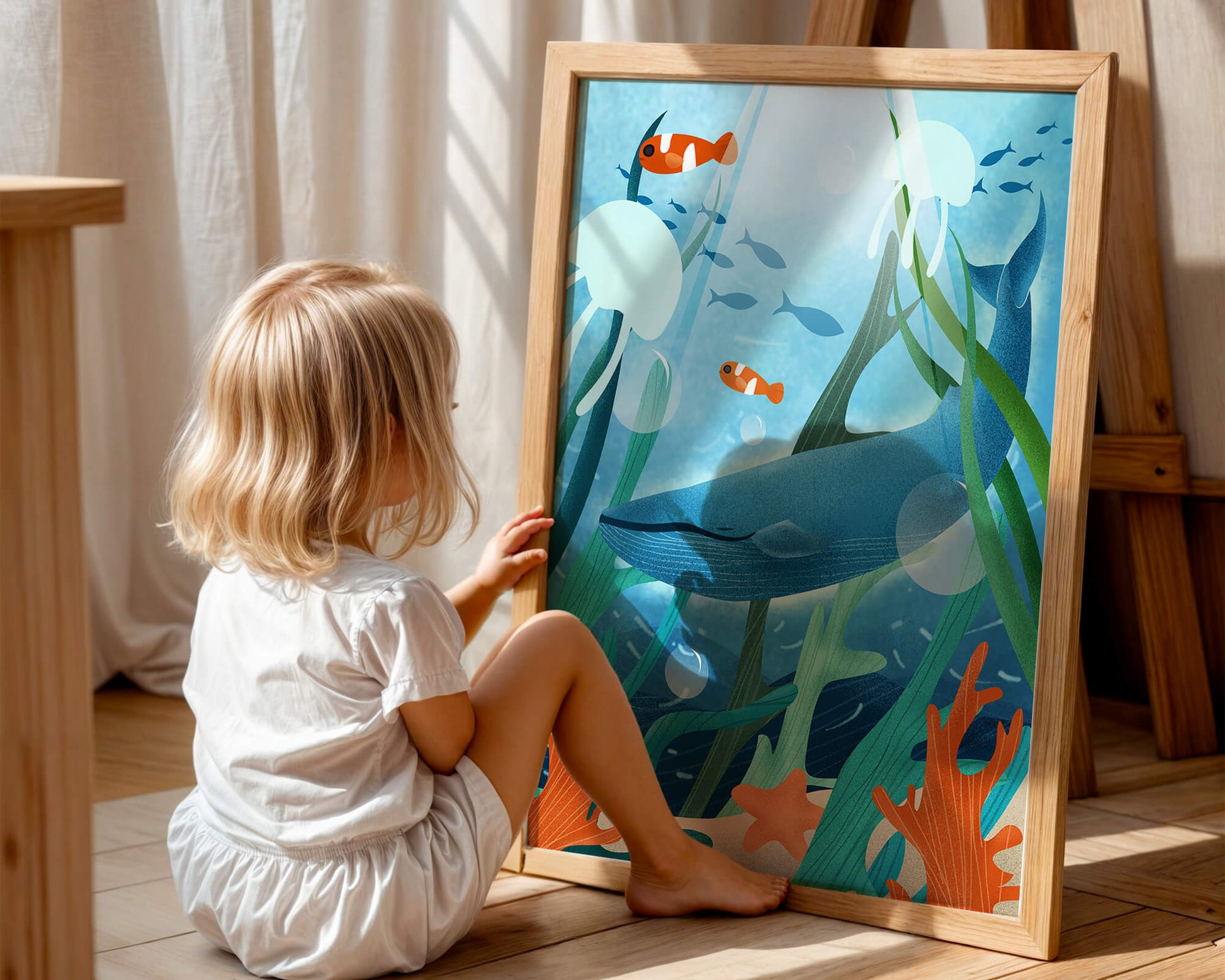 Underwater scene with whale, fish, and sea plants illustration