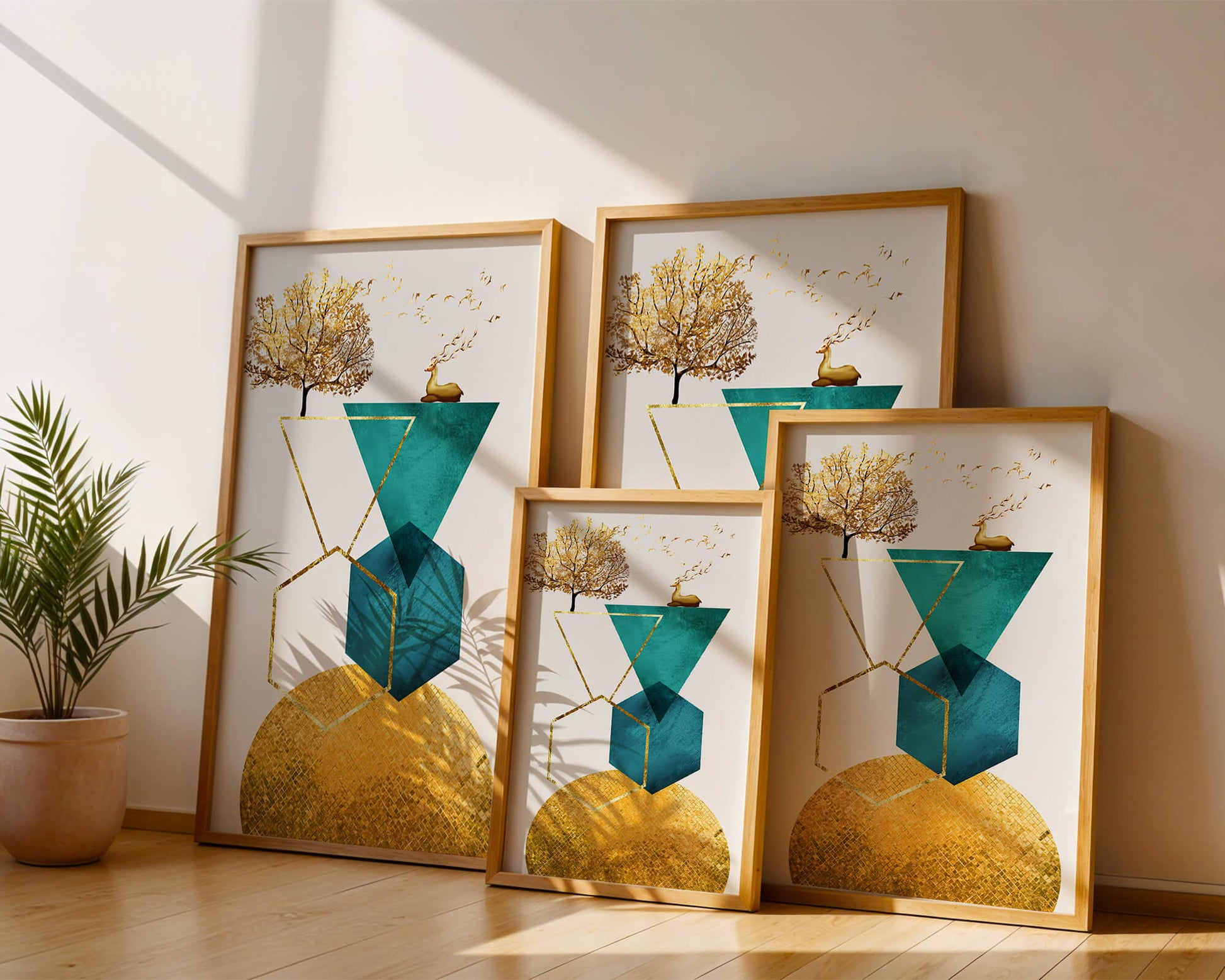 Abstract Geometric Composition with Golden Deer and Tree