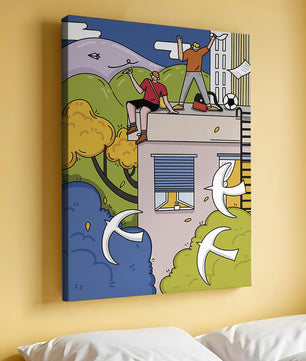 Youthful Adventure on Rooftop with Nature and Cityscape