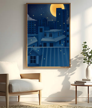 Night Urban Skyline Under a Starry Sky with Bright Full Moon