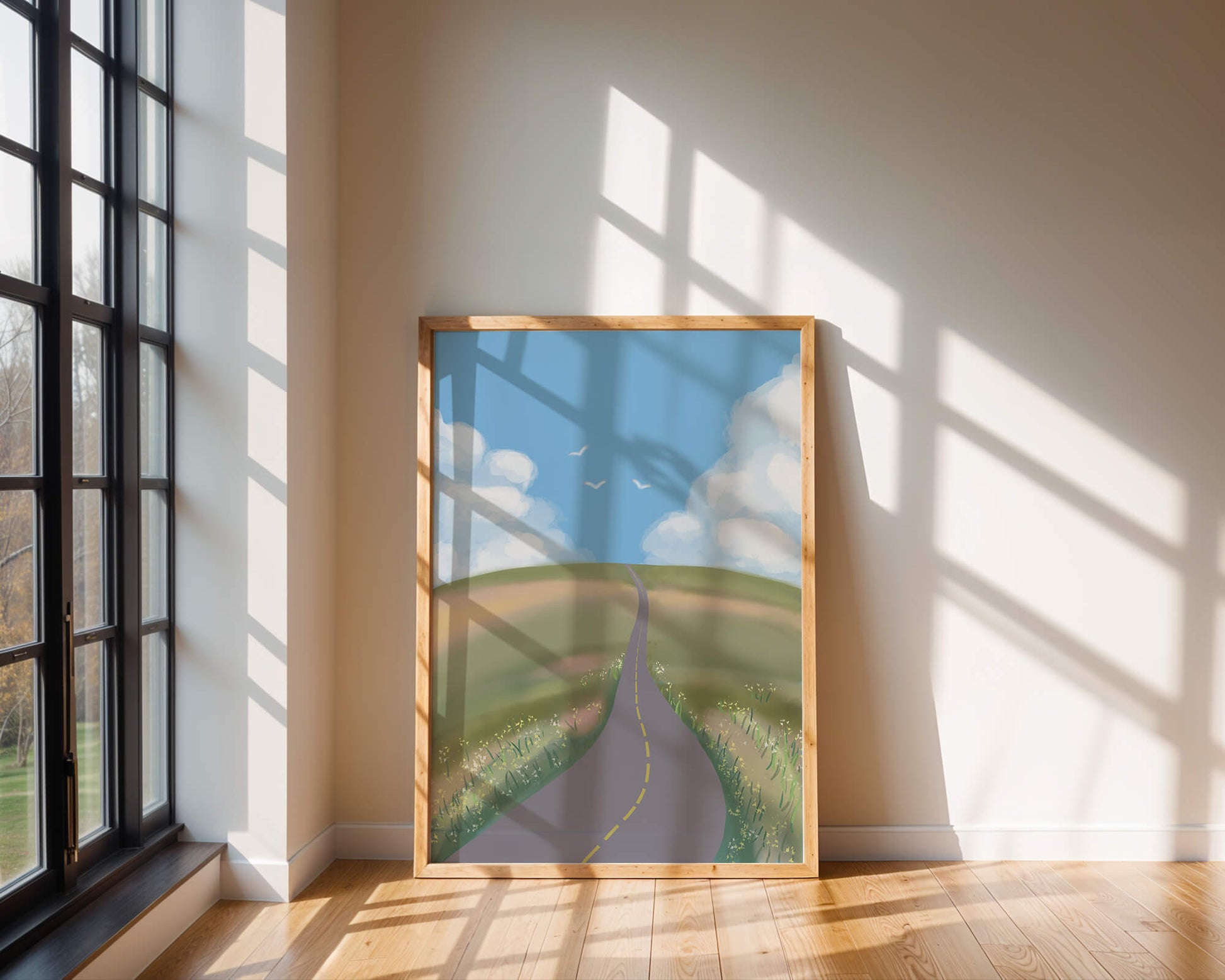 Serene countryside road with vibrant sky and rolling hills
