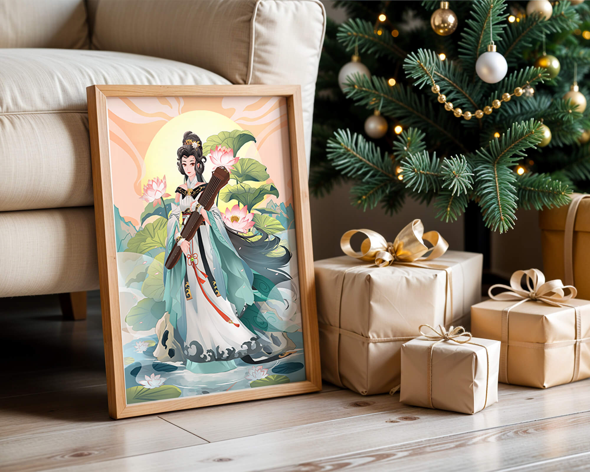 Elegant woman with traditional clothing and musical instrument in serene nature setting