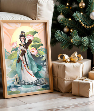 Elegant woman with traditional clothing and musical instrument in serene nature setting