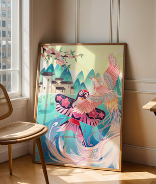 Illustration colorée d’oiseaux et de fleurs avec une architecture orientale