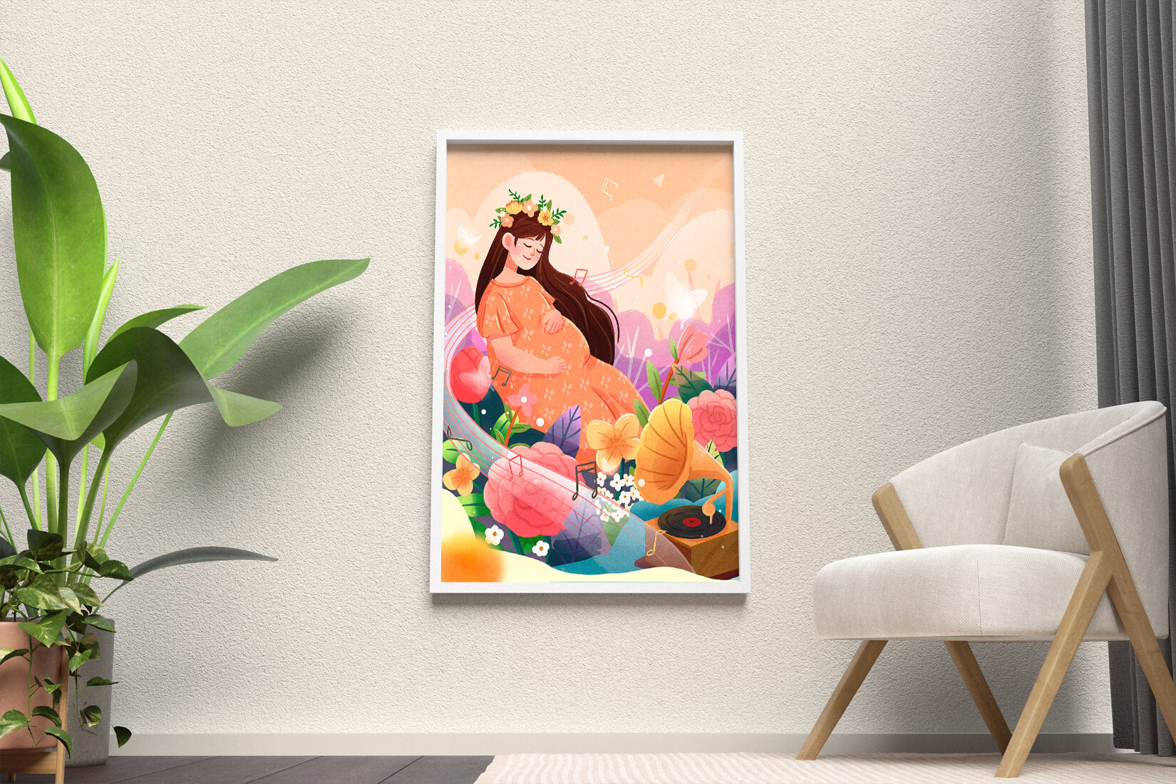 Woman in nature with flowers and musical notes