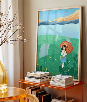 Girl with Umbrella in Rainy Meadow