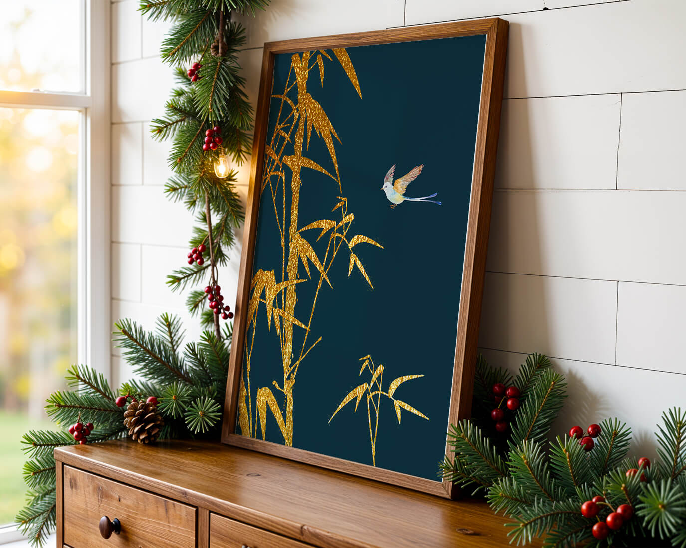 Golden bamboo and bird against a deep blue background