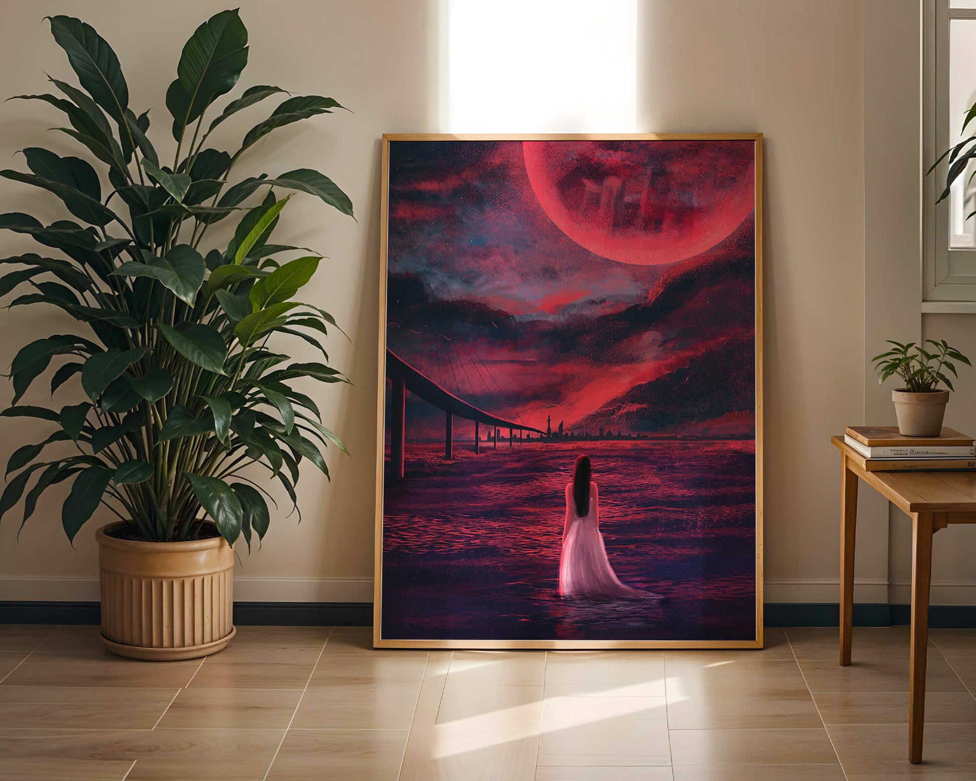 Dreamlike landscape with bridge and red night sky