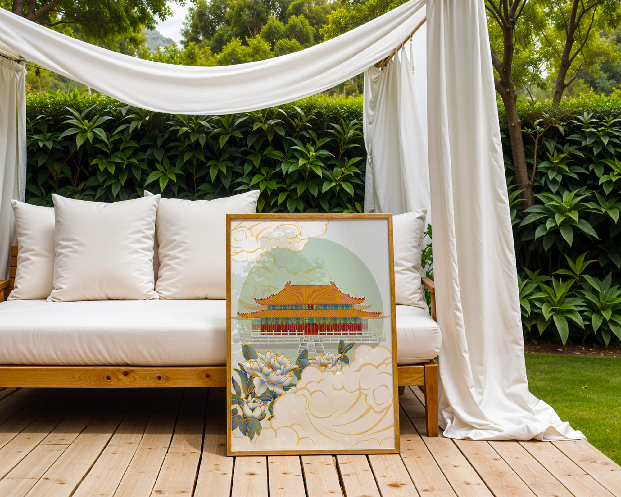 Traditional Asian palace illustration with floral and cloud motifs