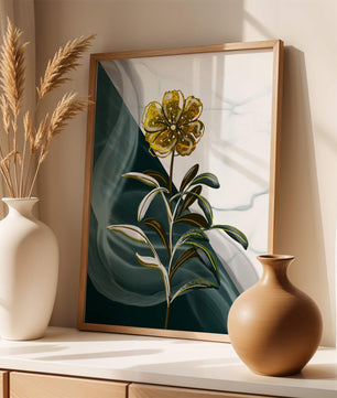 Abstract floral design featuring a golden flower with textured leaves