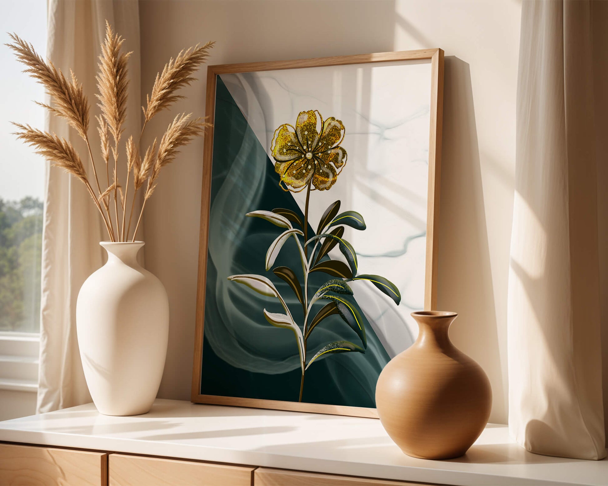 Abstract floral design featuring a golden flower with textured leaves
