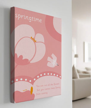 Springtime illustration with flowers and bird on pink background