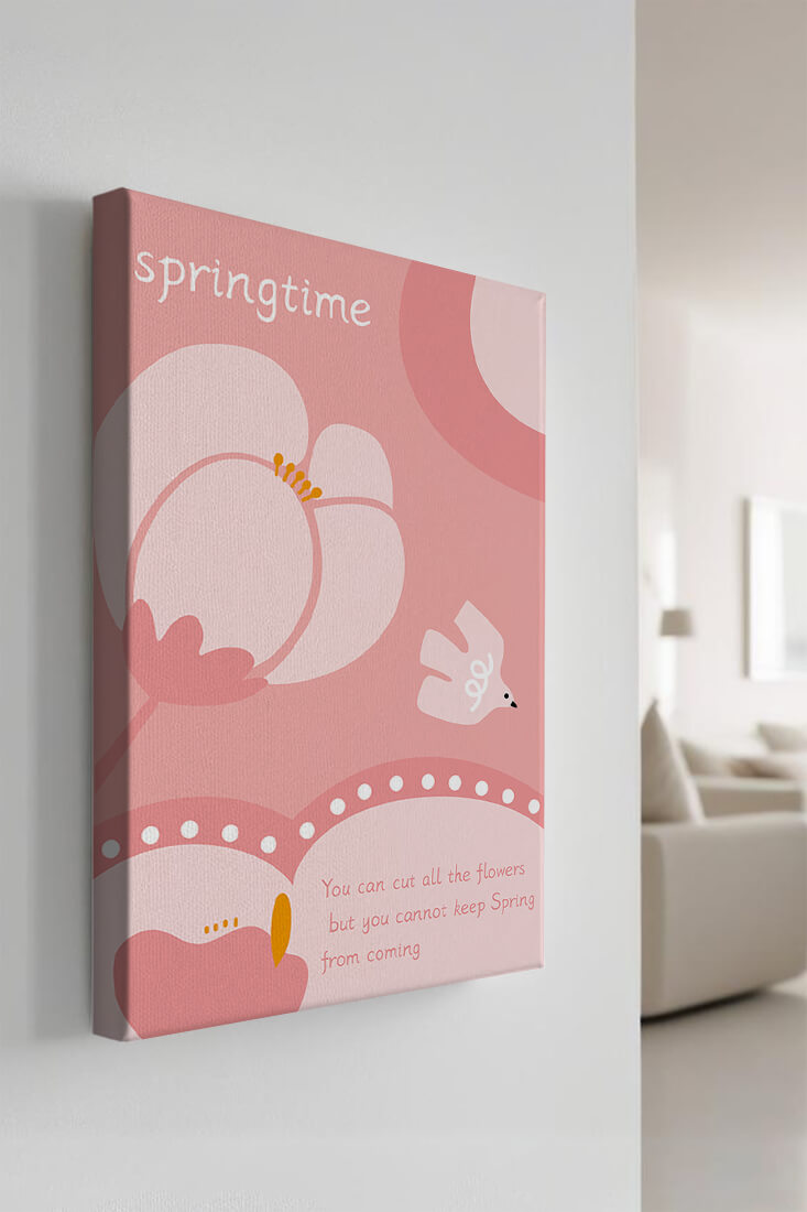 Springtime illustration with flowers and bird on pink background