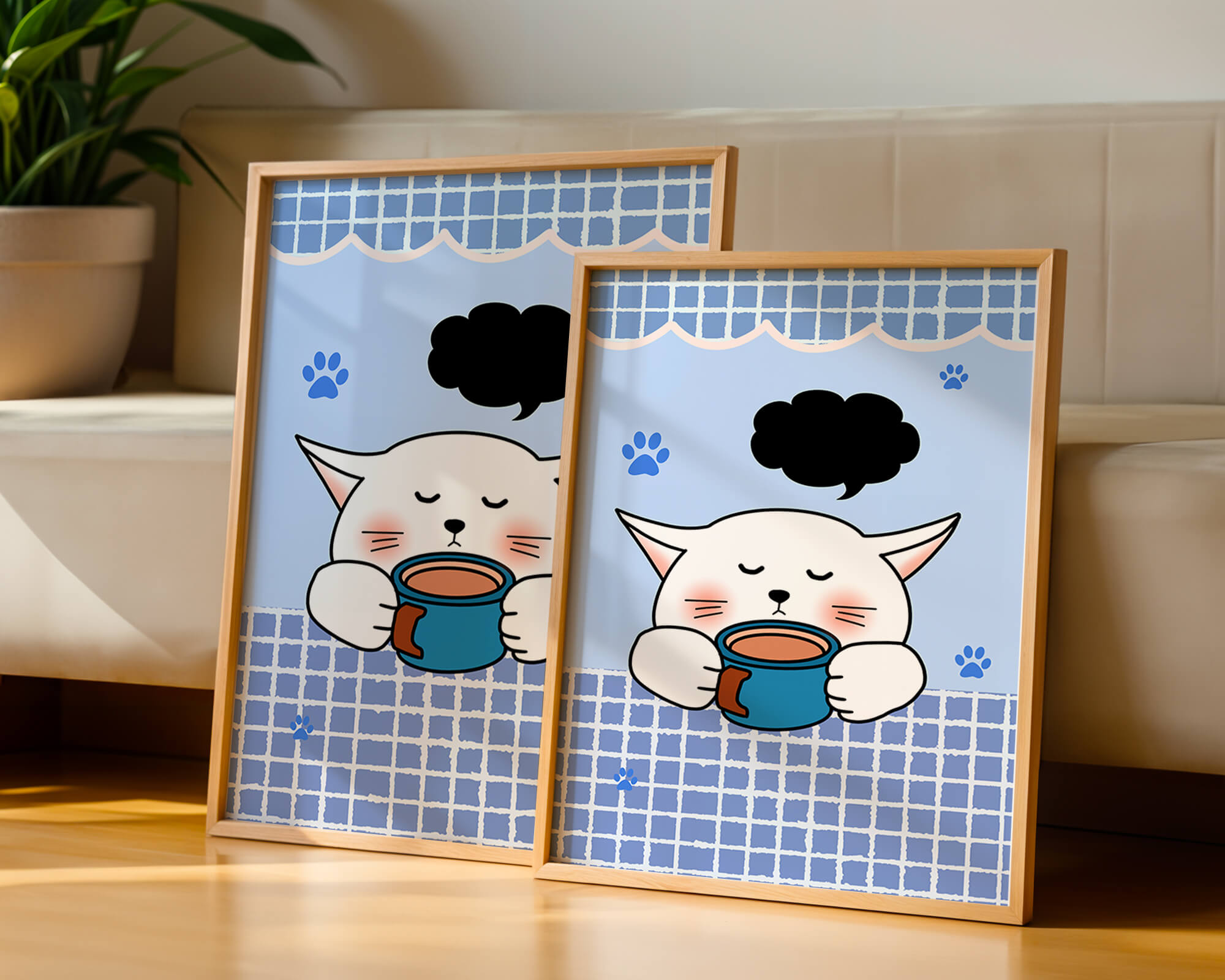 Cute cartoon cat with mug and speech bubble on blue background