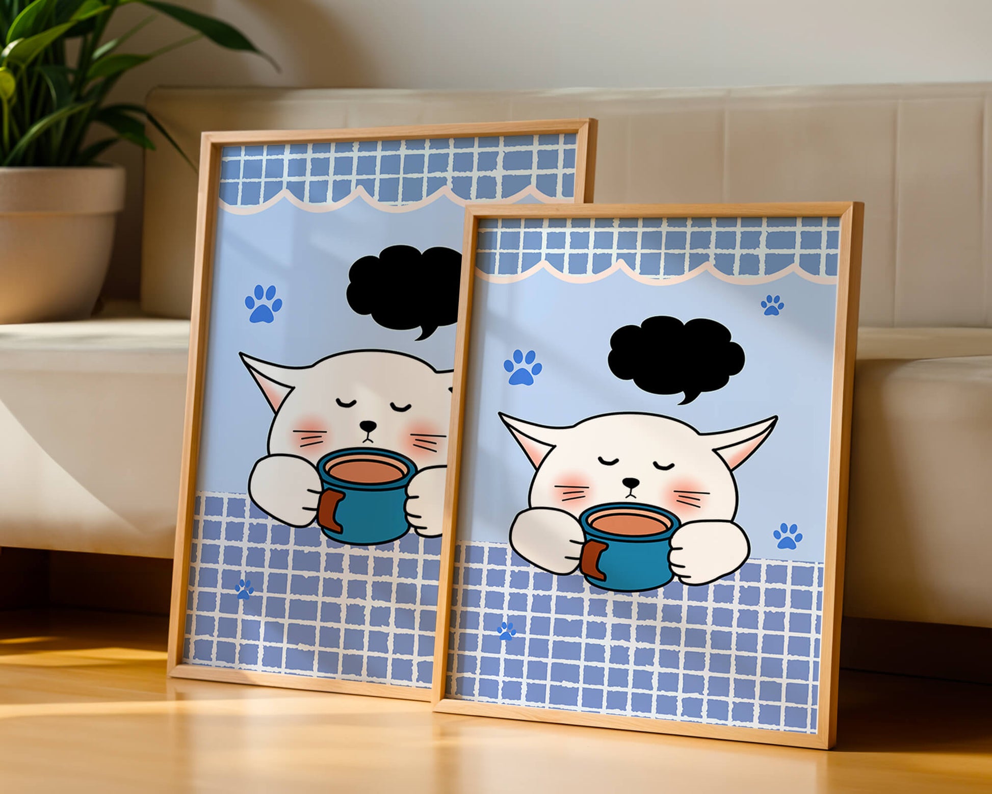 Cute cartoon cat with mug and speech bubble on blue background