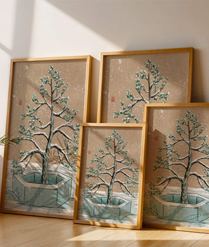 Paisaje invernal con ilustración de árbol bonsái cubierto de nieve