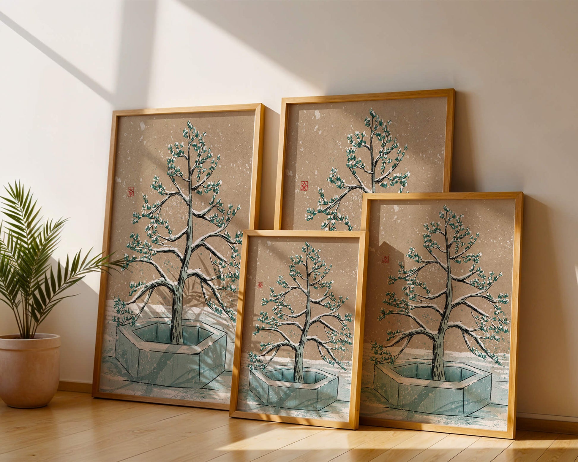 Paisaje invernal con ilustración de árbol bonsái cubierto de nieve
