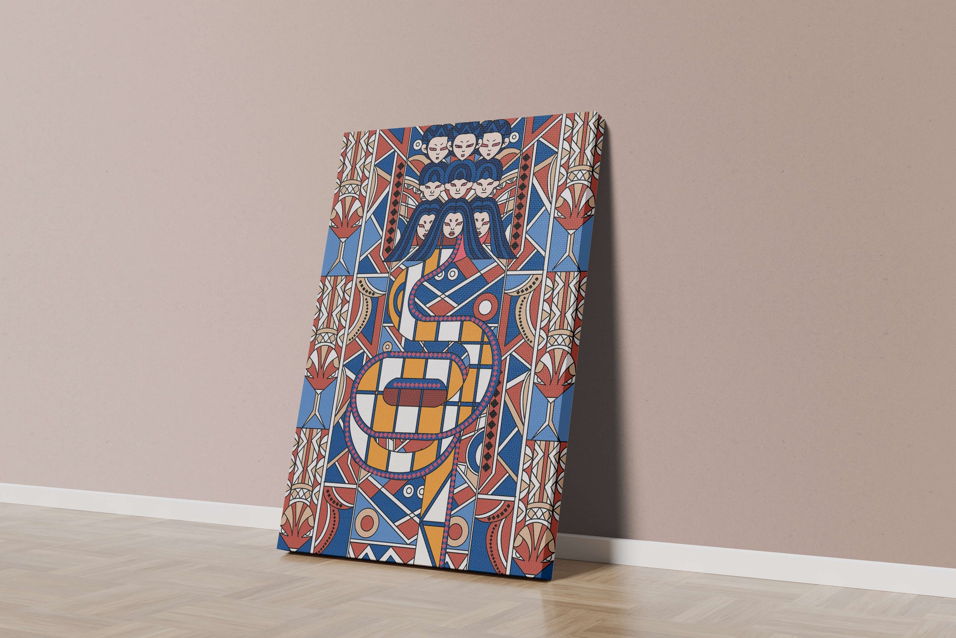 Patrón geométrico Art Decó con rostros y diseño simétrico