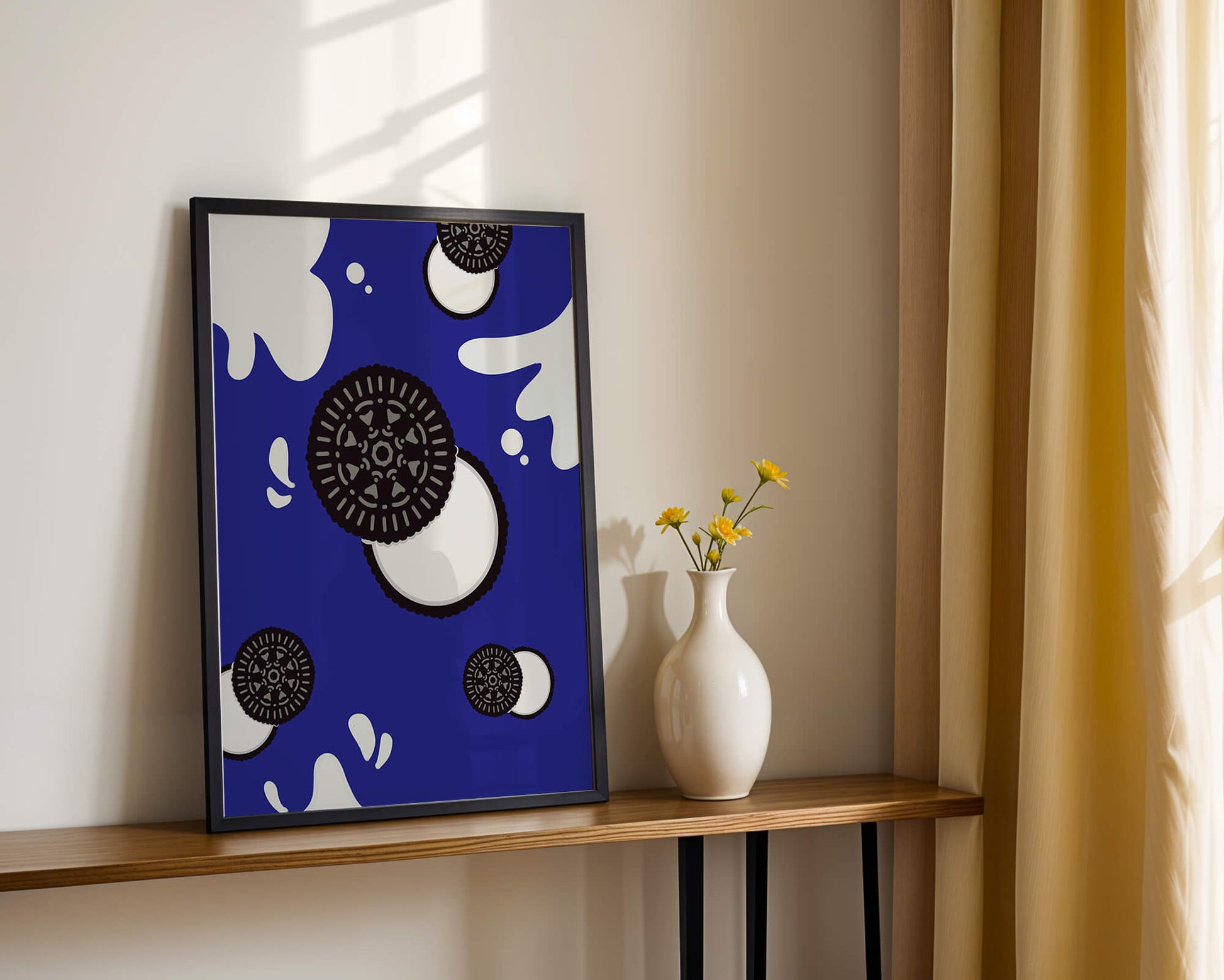 Graphic design featuring cookies and milk splashes on blue background