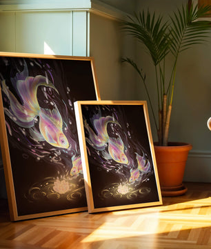 Colorful Koi Fish in a Dreamlike Underwater Scene with Illuminated Elements