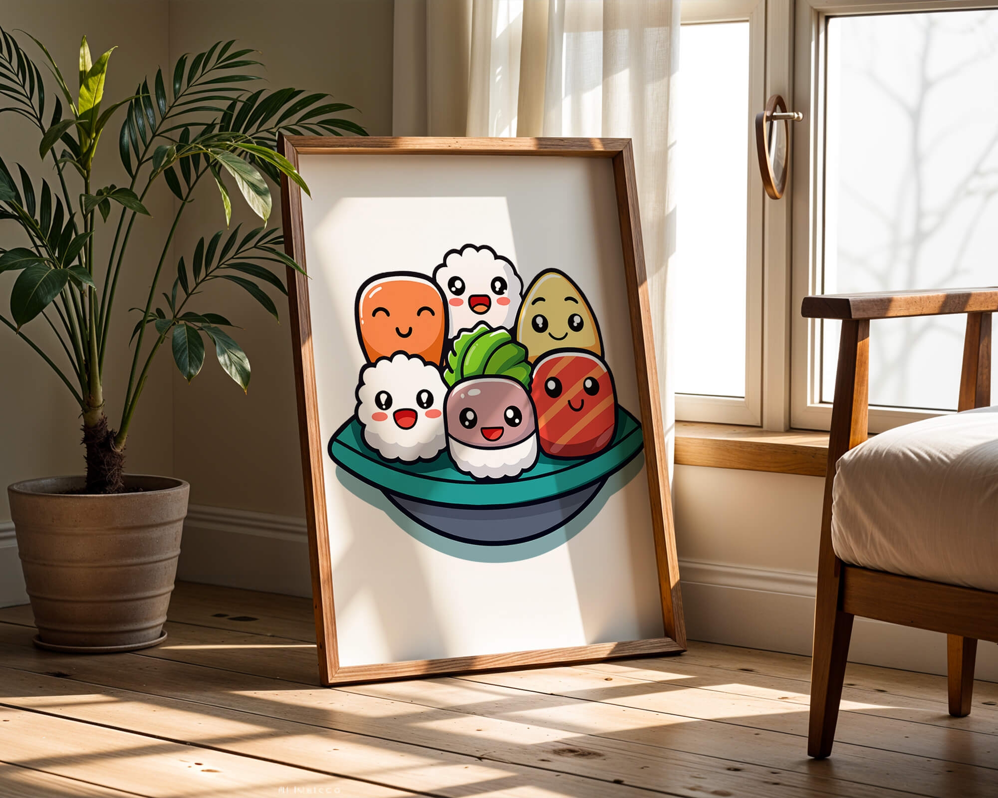 Adorable cartoon sushi characters in a bowl illustration
