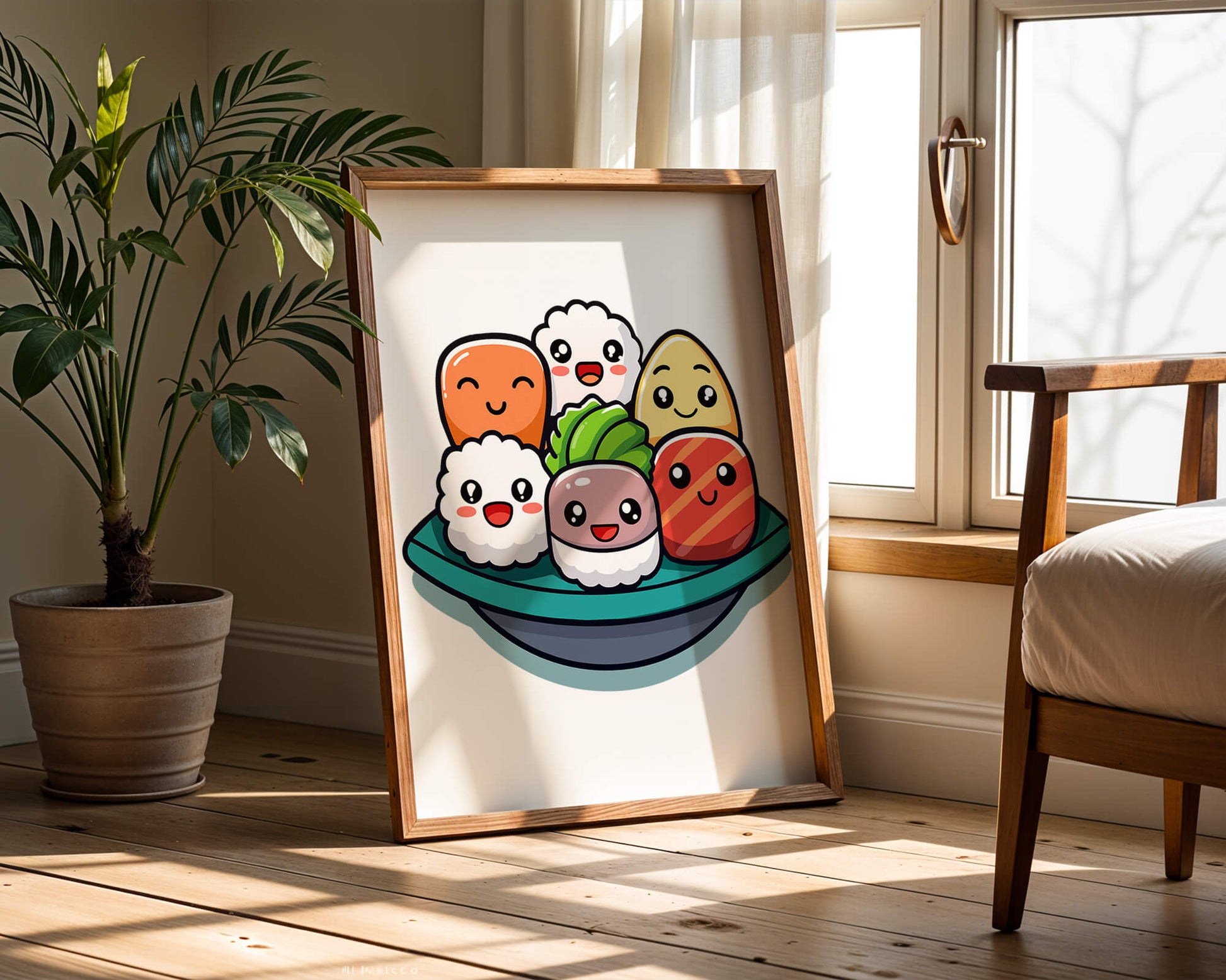 Adorable cartoon sushi characters in a bowl illustration