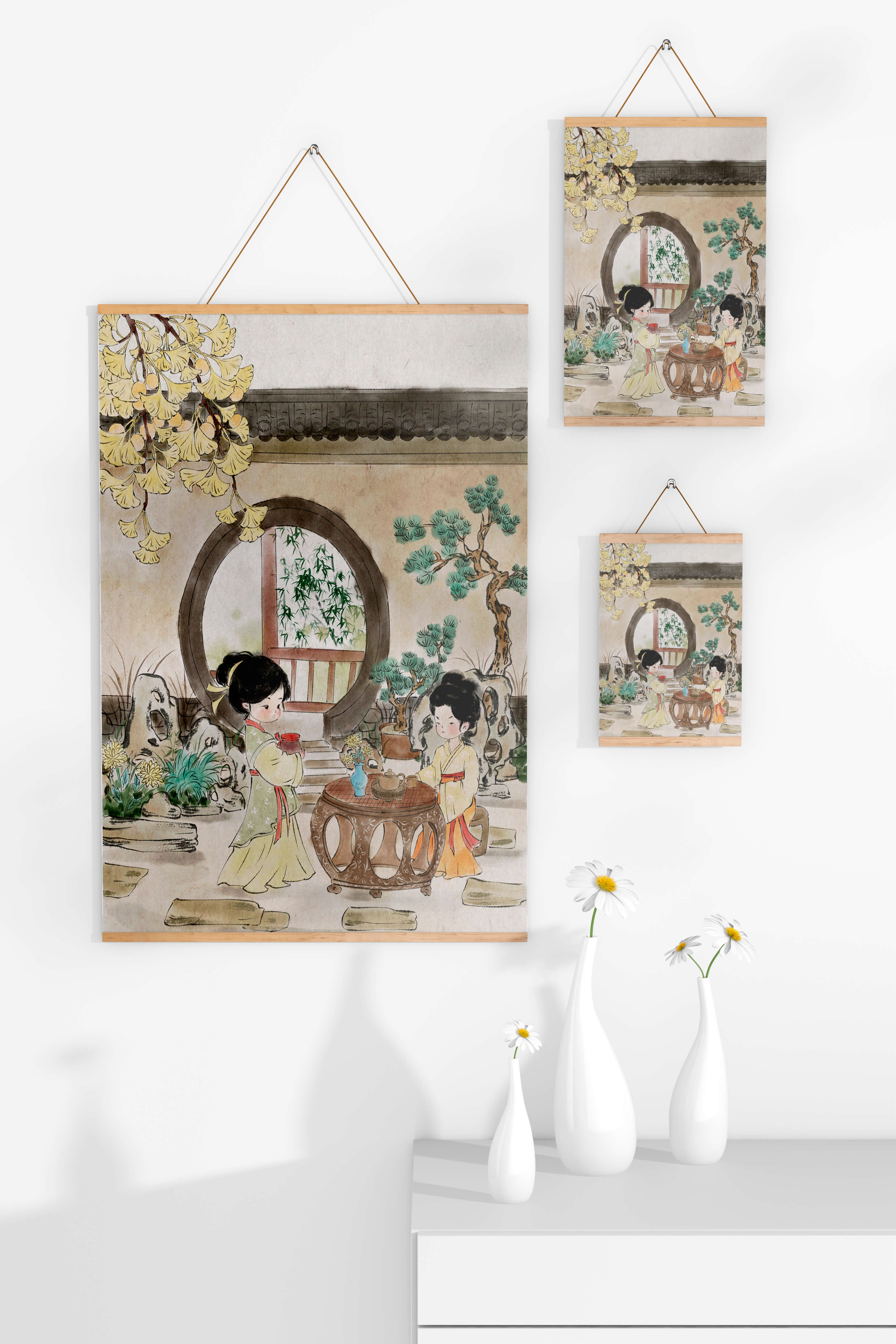Serene traditional Chinese garden scene with women in elegant attire
