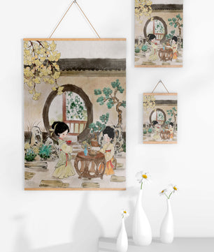 Scène sereine de jardin traditionnel chinois avec des femmes en tenue élégante