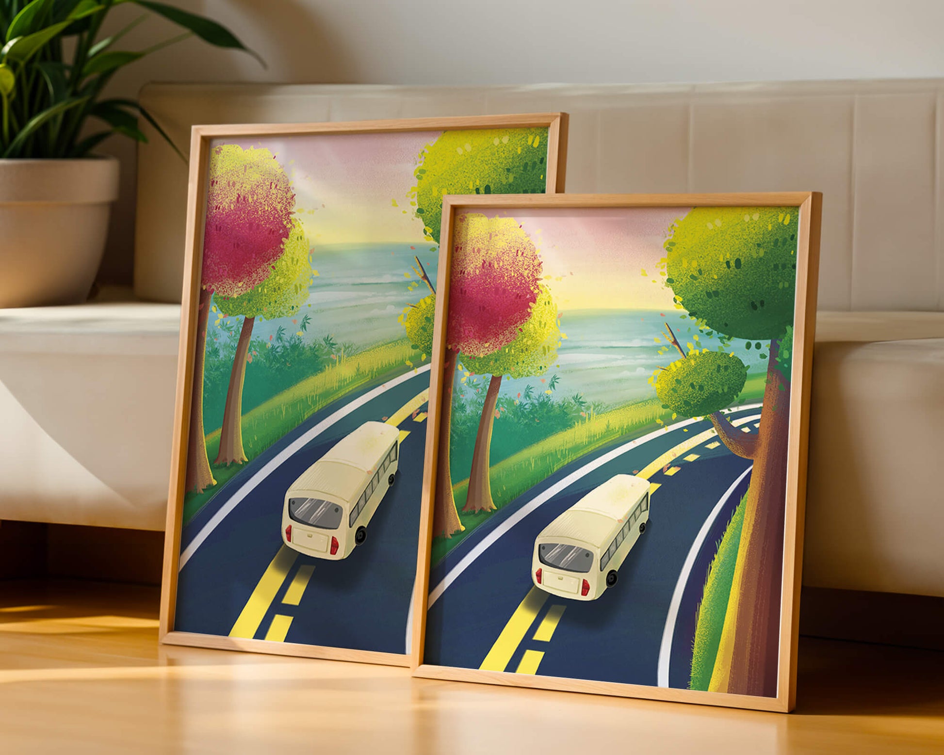Scenic Road Trip with Vibrant Trees and Sunset