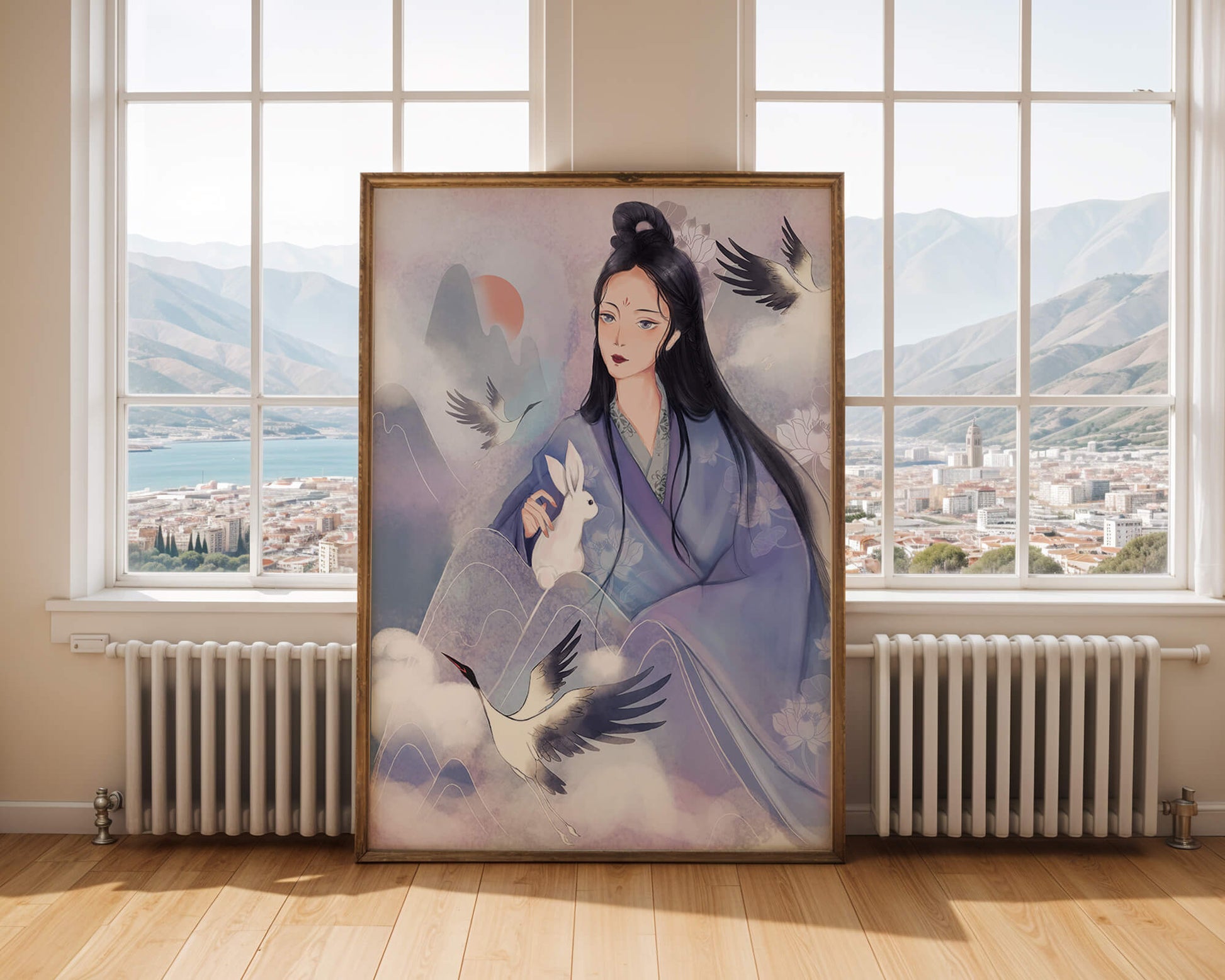 Ilustración serena de una mujer con un conejo y grullas en un paisaje místico.