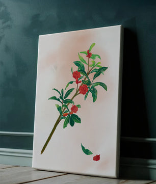 Ilustración detallada de una rama floreciente con flores rojas vivas y hojas verdes exuberantes