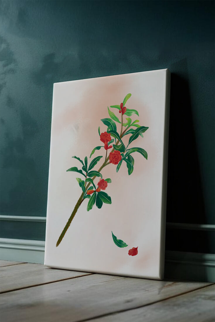 Detailed illustration of a flowering branch with vivid red blooms and lush green leaves