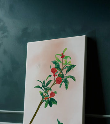 Detailed illustration of a flowering branch with vivid red blooms and lush green leaves