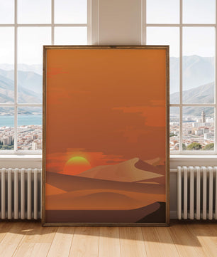 Sunset in Desert with Rolling Sand Dunes and Vibrant Orange Sky - Mi tienda